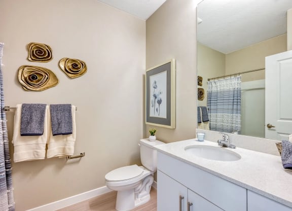 a bright and modern bathroom with a toilet, sink and a mirror at Brookfield Apartments for rent in St. George, UT.