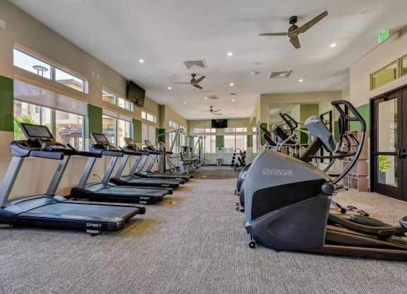a side view of the large gym with cardio equipment at Brookfield Apartments for rent in St. George, UT.