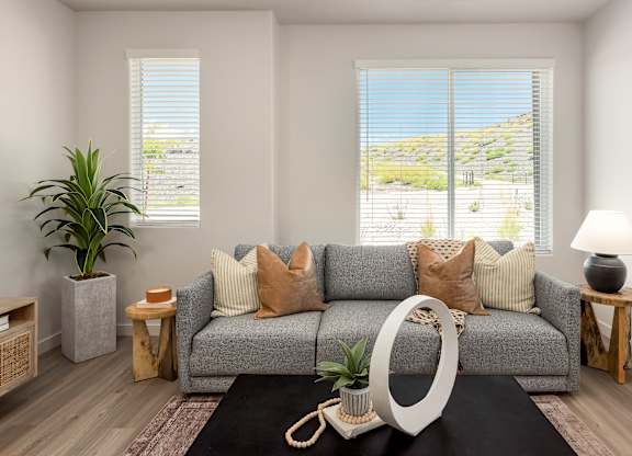 A living room with a grey couch, a round mirror, and a potted plant.