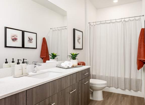A bathroom with a white countertop and a white toilet.