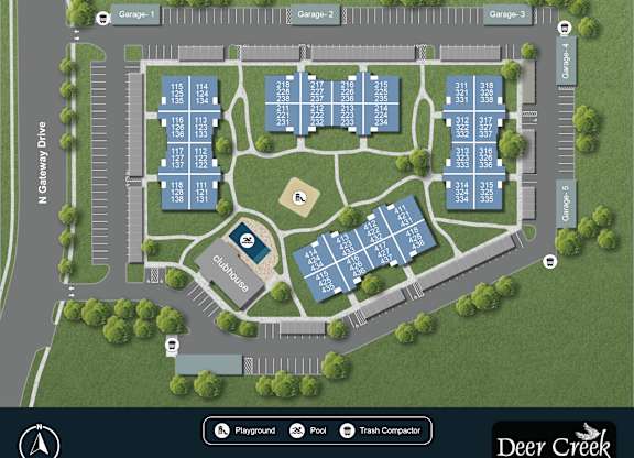 A map of a park with a playground, pool, and trash compactor.