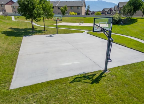 a basketball hoop on the grass next to a concrete court at Aldara Apartments in Saratoga Springs, Utah