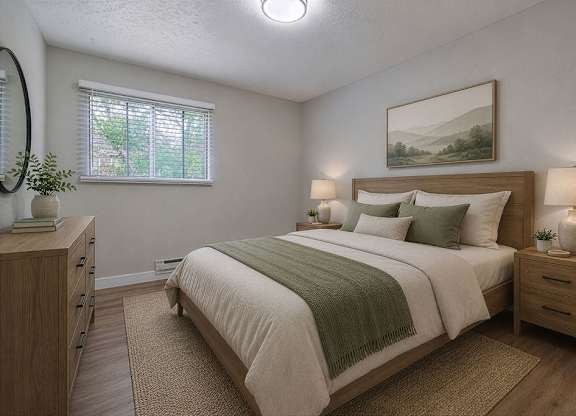 A bedroom with a large bed, nightstands, and a painting on the wall.