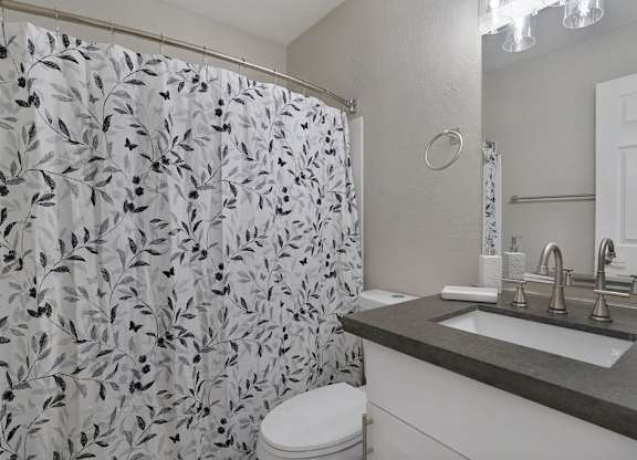 A bathroom with a sink, toilet, and shower curtain.