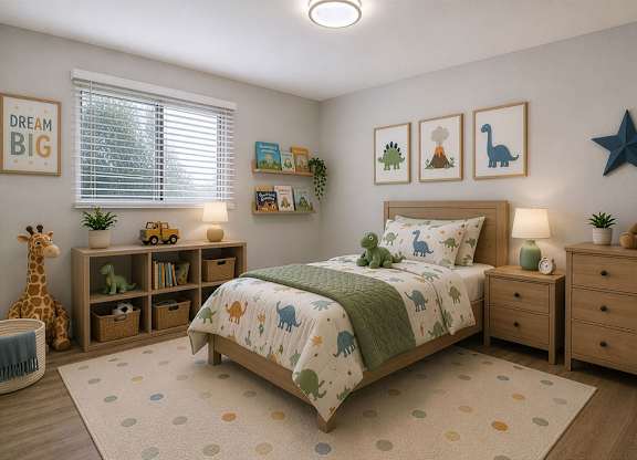 A child's bedroom with a bed, dresser, and a giraffe toy.