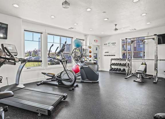 A gym with treadmills, elliptical machines, and weights.