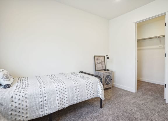 a bedroom with a bed and a closet