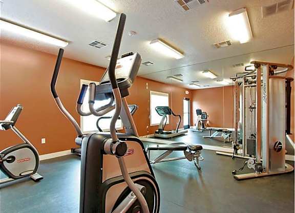A gym with a treadmill, elliptical trainer and a weight machine.