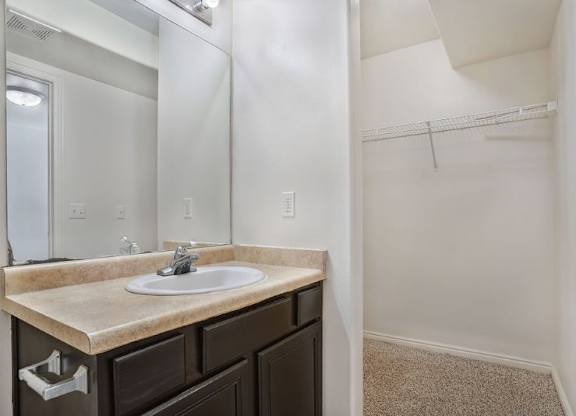 A bathroom with a sink, mirror, and a shower.