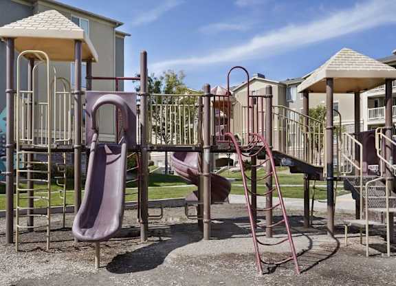 A playground with a purple slide and a red ladder.