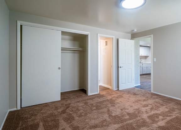A room with a carpeted floor and a white door.