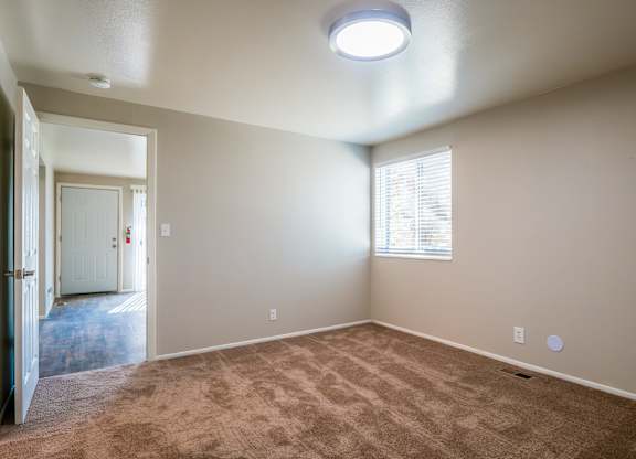 A room with a carpeted floor and a window with blinds.