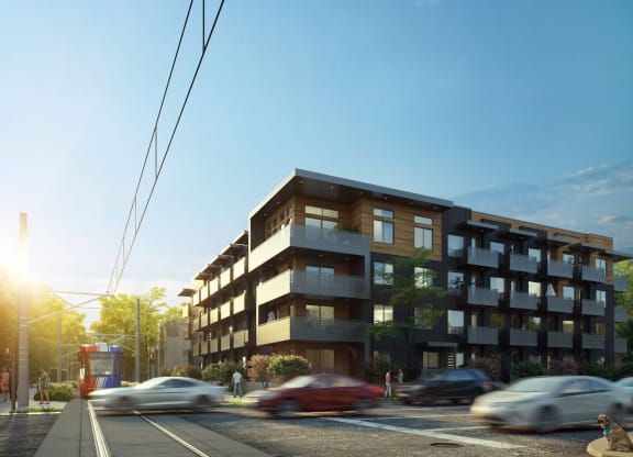 exterior rendering of Lotus Gallacher Apartments in Salt Lake City, UT with luxury apartments for rent in Salt Lake City, UT