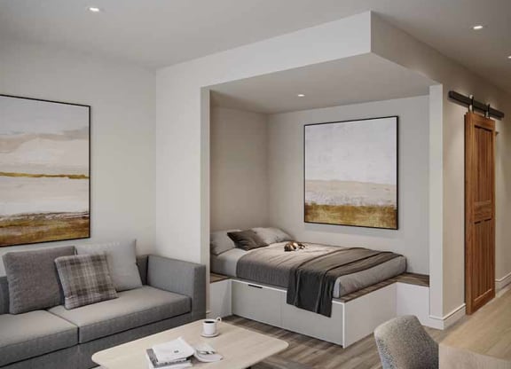 interior photo with digital staging of Lotus Gallacher Apartments in Salt Lake City, UT with luxury apartments for rent