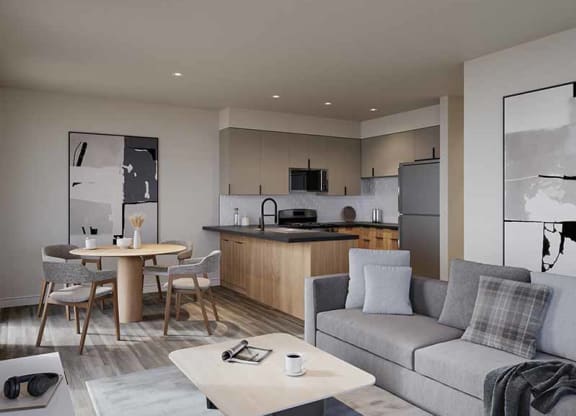 interior photo with digital staging of Lotus Gallacher Apartments in Salt Lake City, UT with luxury apartments for rent