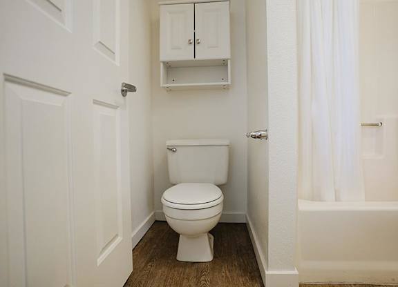 A white toilet in a small bathroom with a cabinet above it.