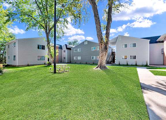 A tree stands in a grassy yard in front of a building.