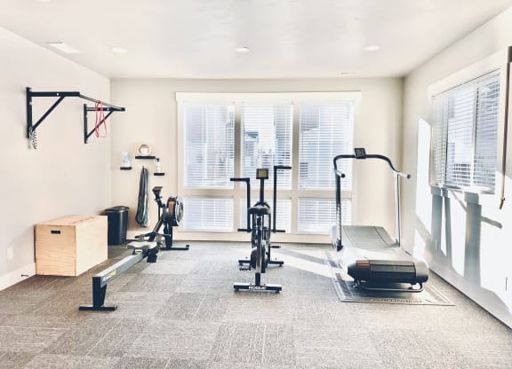 a home gym with weights and a window