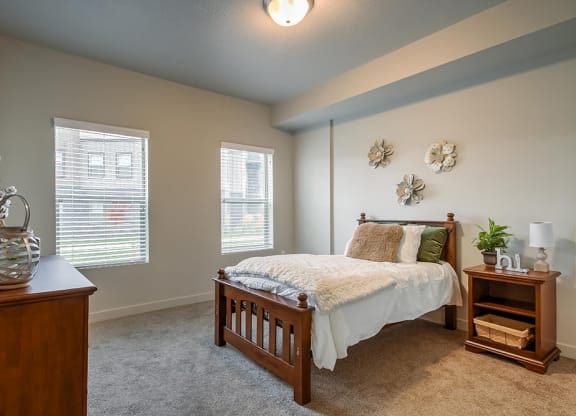 a bedroom with a bed and two windows