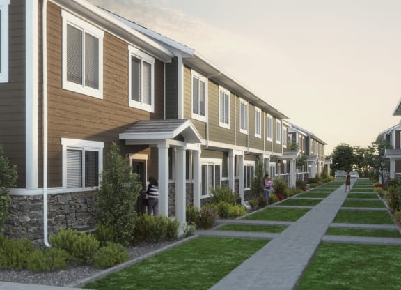 a rendering of a row of townhomes with a sidewalk and grass