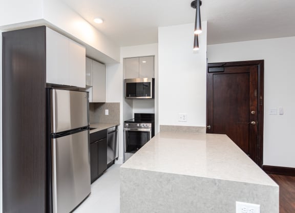 a kitchen with stainless steel appliances and a large island