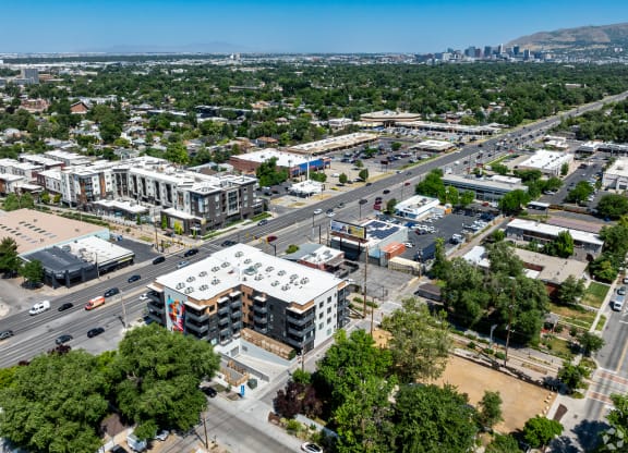 an aerial view of the city at Lotus Gallacher luxury apartments for rent in Salt Lake City, UT