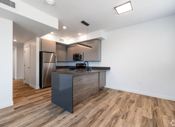 an open kitchen with a large island and stainless steel appliances at Lotus Gallacher luxury apartments for rent in Salt Lake City, UT