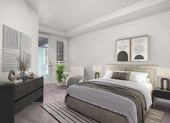 A bedroom with a large bed, a nightstand, and a plant.