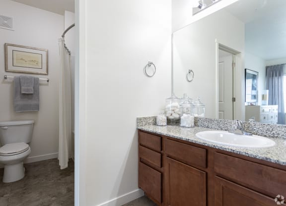 a bathroom with a toilet and a sink and a mirror at Outlook Apartments for rent in Springville and Provo, UT.