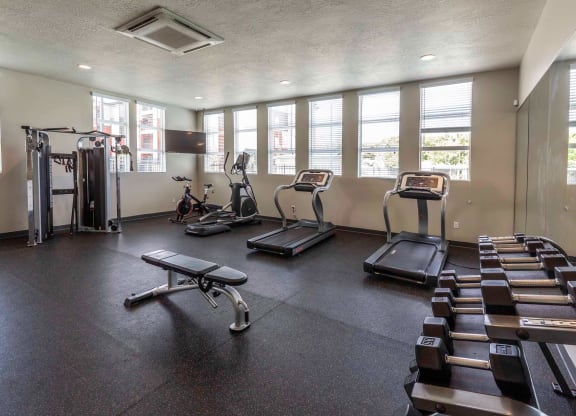 a gym with treadmills and other exercise equipment