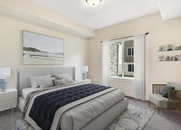 A bedroom with a large bed and a painting on the wall.