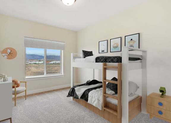A bedroom with a bunk bed and a chair.