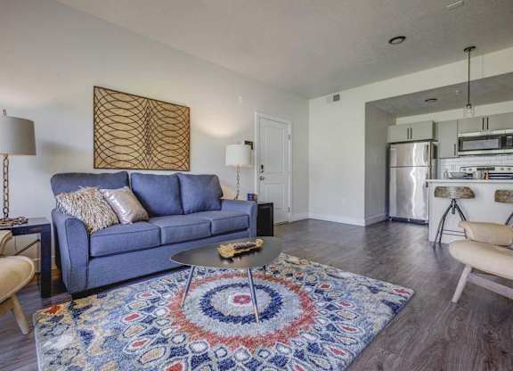 A living room with a blue couch and a rug with a circular design.
