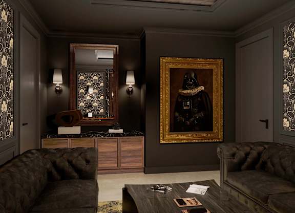 A living room with a brown couch and a painting of a black dog.