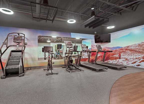 A gym with exercise equipment and a wall mural.