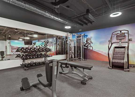 A gym with a variety of equipment including a bench, weights, and a treadmill.