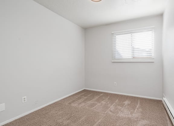 A room with a carpeted floor and a window with blinds.