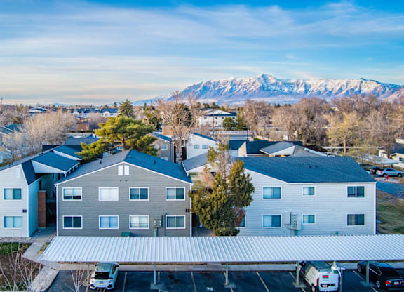 A row of houses with a mountain range in the background.