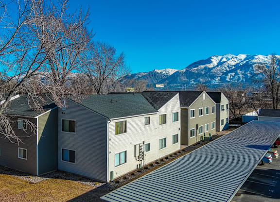 A row of houses with a mountain in the background.