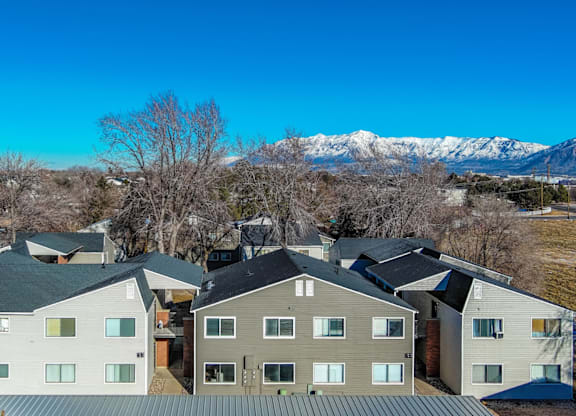 A row of houses with a mountain in the background.