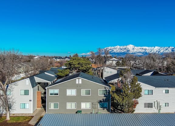 A row of houses with a mountain in the background.