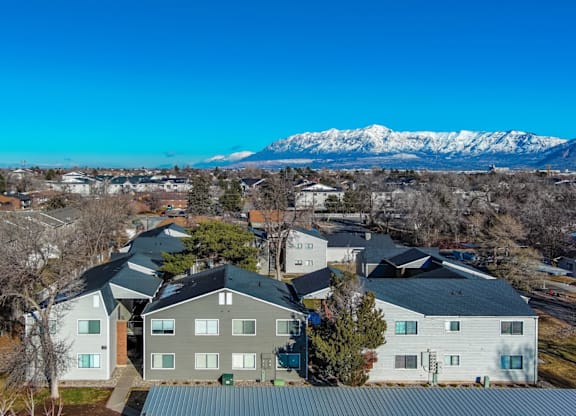 A residential area with houses and a mountain in the background.