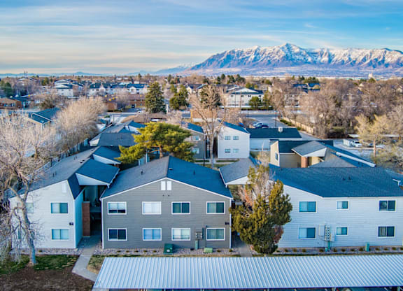 A bird's eye view of a residential area with houses and snow-capped mountains in the distance.
