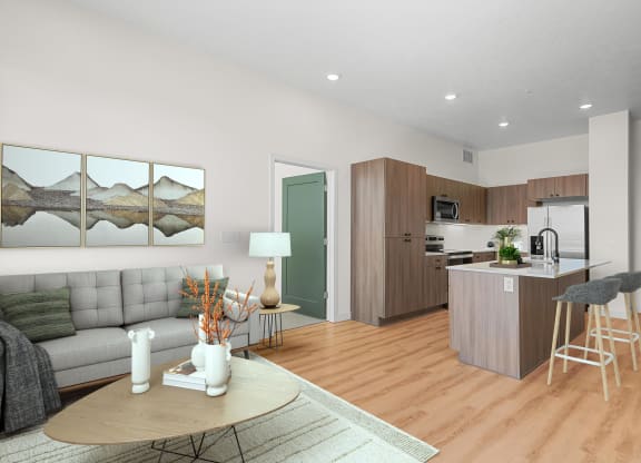 a kitchen furnished with hardwood floors