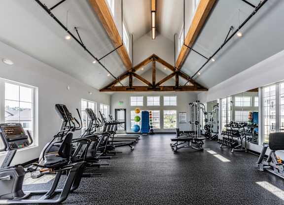 A gym with treadmills, exercise bikes, and other equipment.