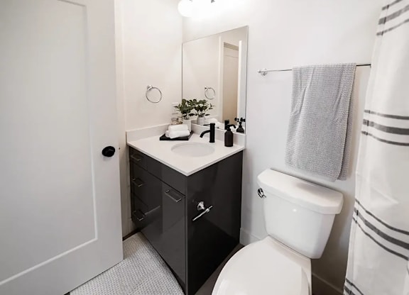 A bathroom with a white toilet and a sink with a mirror above it.