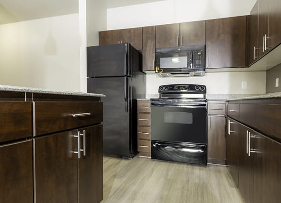 a kitchen with a black stove from The Lotus Apartments in Downtown Salt Lake City, Utah