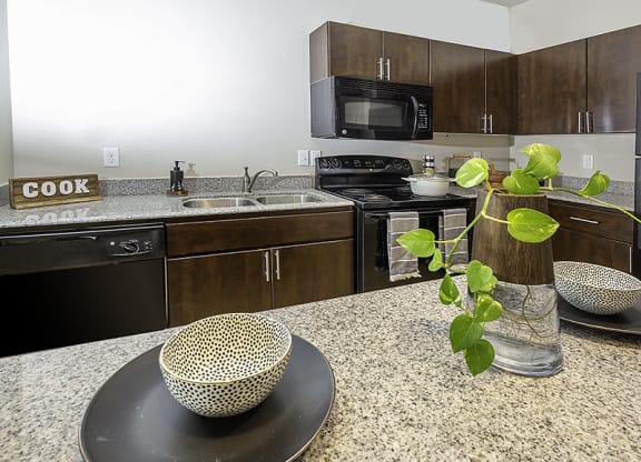 a kitchen with dark cupboards from The Lotus Apartments in Downtown Salt Lake City, Utah