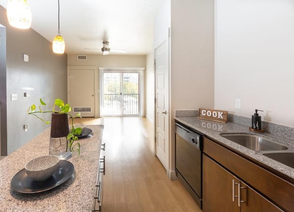 a kitchen and walkway from The Lotus Apartments in Downtown Salt Lake City, Utah