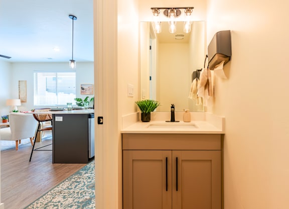 A kitchen with a sink and a cabinet.